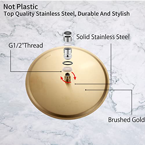 GGStudy High Pressure Round Shower Head 12 Inches Large Stainless Steel Shower Heads Ultra Thin Rainfall Bath Shower 1/2 Connection Brushed Gold Shower Head - Image 5