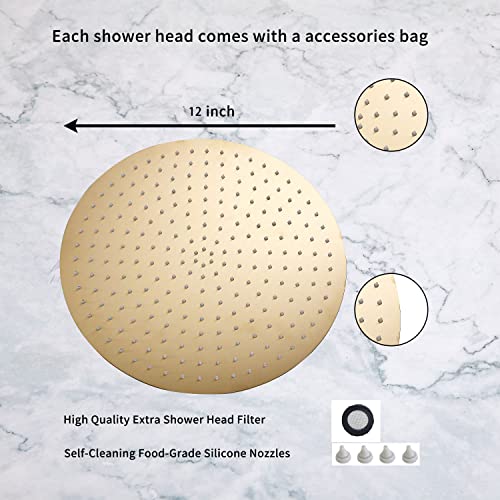 GGStudy High Pressure Round Shower Head 12 Inches Large Stainless Steel Shower Heads Ultra Thin Rainfall Bath Shower 1/2 Connection Brushed Gold Shower Head - Image 4
