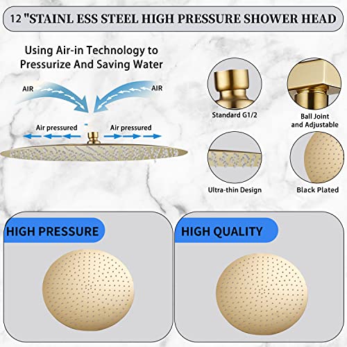 GGStudy High Pressure Round Shower Head 12 Inches Large Stainless Steel Shower Heads Ultra Thin Rainfall Bath Shower 1/2 Connection Brushed Gold Shower Head - Image 2