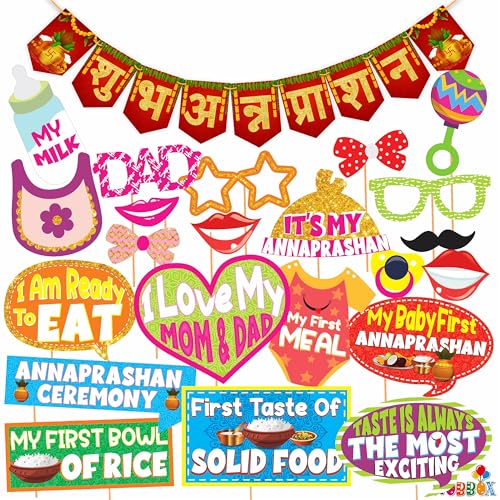 WOBBOX Photo Booth Party Props with Bunting Banner Hindi Shubh Annaprashan Red & Golden Gliter Color Font, Decoration Item - Image 1