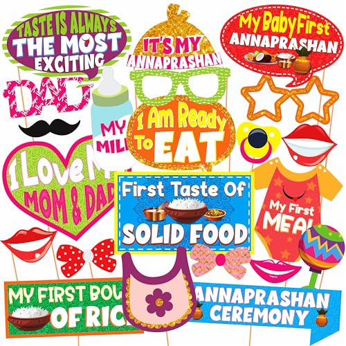 WOBBOX Photo Booth Party Props with Bunting Banner Hindi Shubh Annaprashan Red & Golden Gliter Color Font, Decoration Item - Image 5