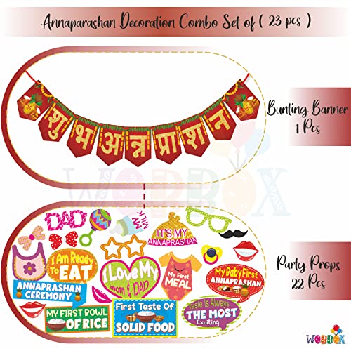 WOBBOX Photo Booth Party Props with Bunting Banner Hindi Shubh Annaprashan Red & Golden Gliter Color Font, Decoration Item - Image 2
