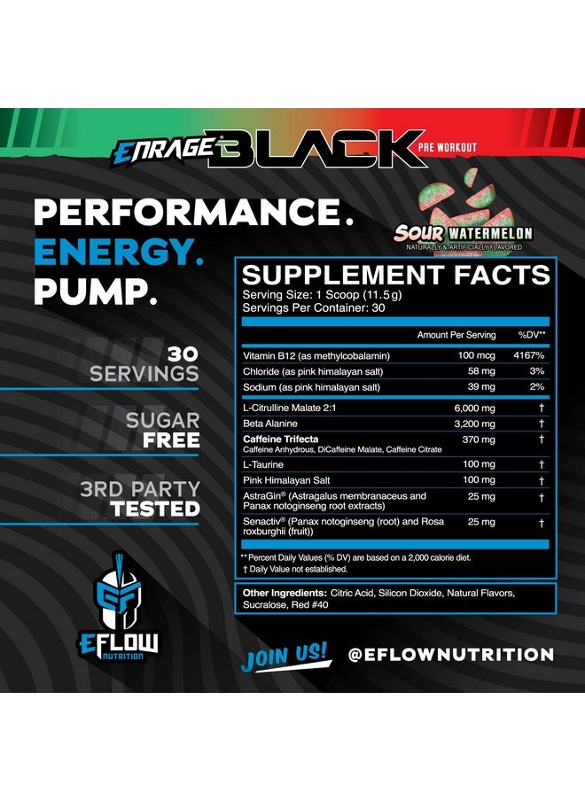 eFlow Nutrition - eFlow Nutrition Enrage Black High Stimulant Pre Workout Supplement - Preworkout Powder to Boost Energy, Pumps and Strength - 4 Flavors (30 Servings) (Sour Watermelon) - Image 1