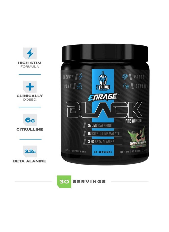 eFlow Nutrition - eFlow Nutrition Enrage Black High Stimulant Pre Workout Supplement - Preworkout Powder to Boost Energy, Pumps and Strength - 4 Flavors (30 Servings) (Sour Watermelon) - Image 1