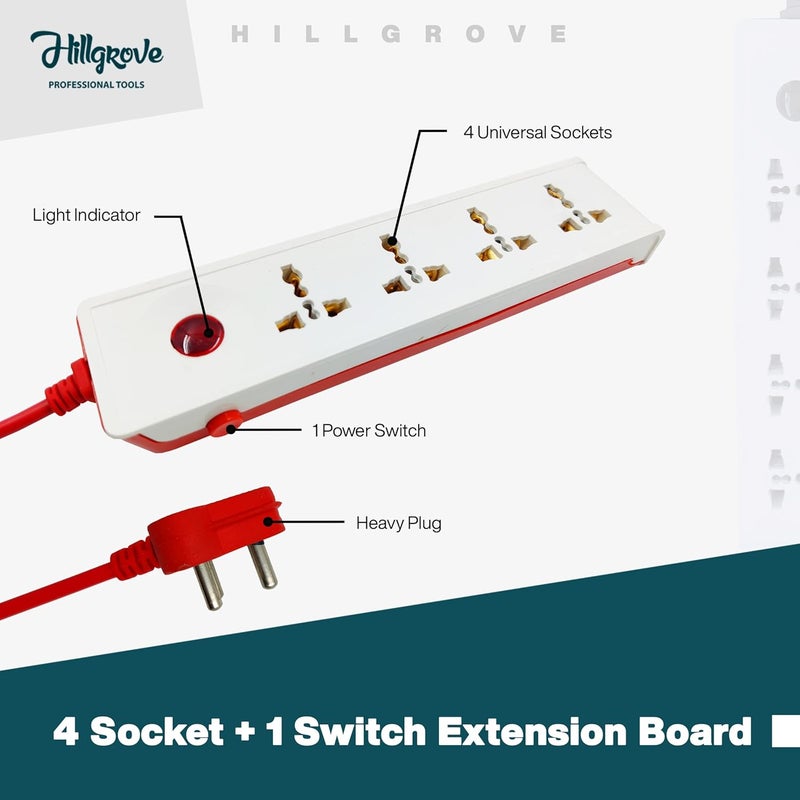 Hillgrove HGCM304M1 Power Extension Board with 4 Universal Socket and 1 Switch with Analog Line Tester and 5 Meter Long Cable Surge Protector for HomeComputerFridge 4 Socket Extension Boards