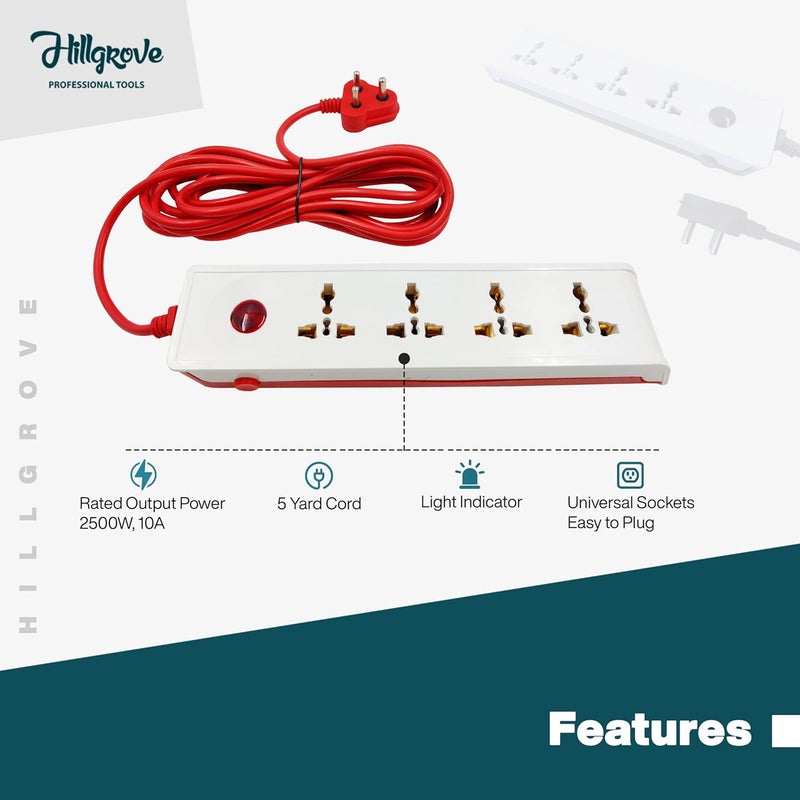 Hillgrove HGCM304M1 Power Extension Board with 4 Universal Socket and 1 Switch with Analog Line Tester and 5 Meter Long Cable Surge Protector for HomeComputerFridge 4 Socket Extension Boards