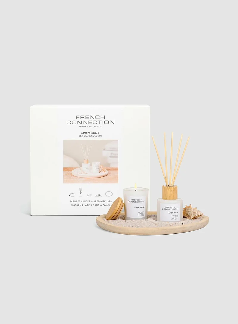 فرنش كونكشن طقم هدايا شموع ومعطر جو كتان أبيض صغير