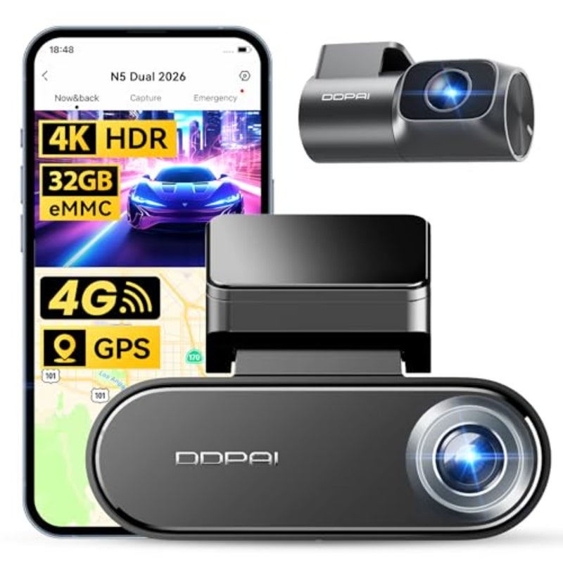 كاميرا داش كام للسيارات، كاميرا أمامية وخلفية 2160P+1080P مدمجة 32 جيجا eMMC HDR ADAS 5G WiFi6 GPS Al ISP رؤية ليلية 24 ساعة، N5 Dual 2026 - Image 1