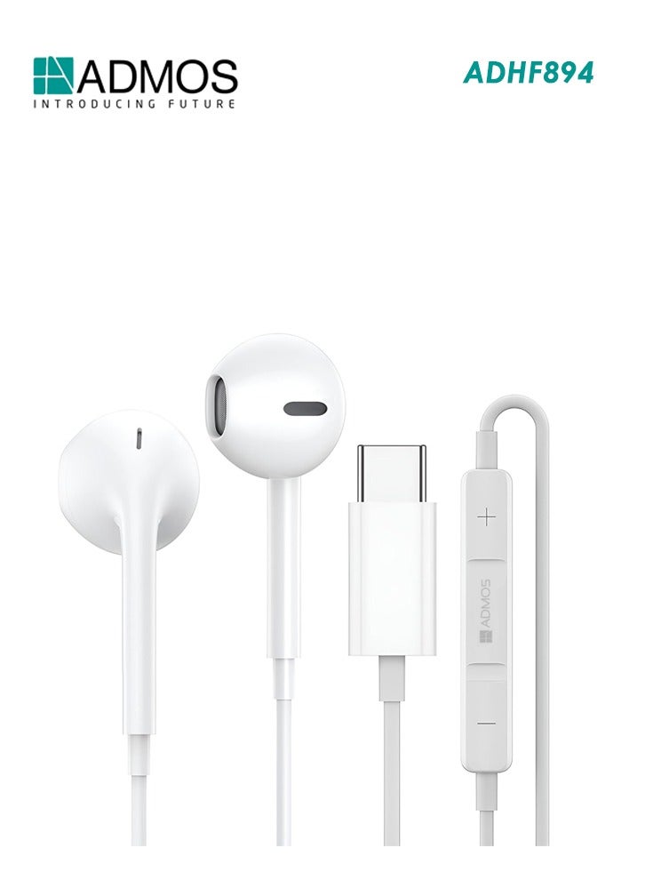 ADMOS ADHF894 Type-C Wired Earphones White with Mic, 10mm Drivers, DAC Chip, 1.2M TPE Cable, Noise Isolation, for Smartphones/Tablets/Laptops - Image 1