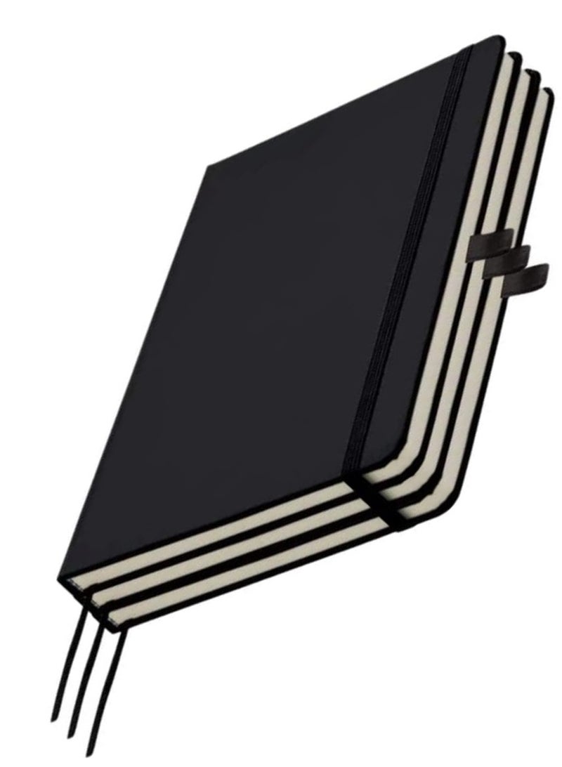 Generic Classic Lined Hard Cover Notebook A5 Journal Notebook Diary Writing Pads Notebooks with Pen Holder Pack of 3 Black  - Image 1