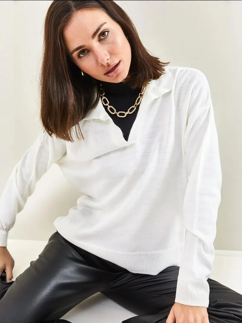 Bianco Lucci LUCCI Regular Fit Polo Collar Knit Blouse