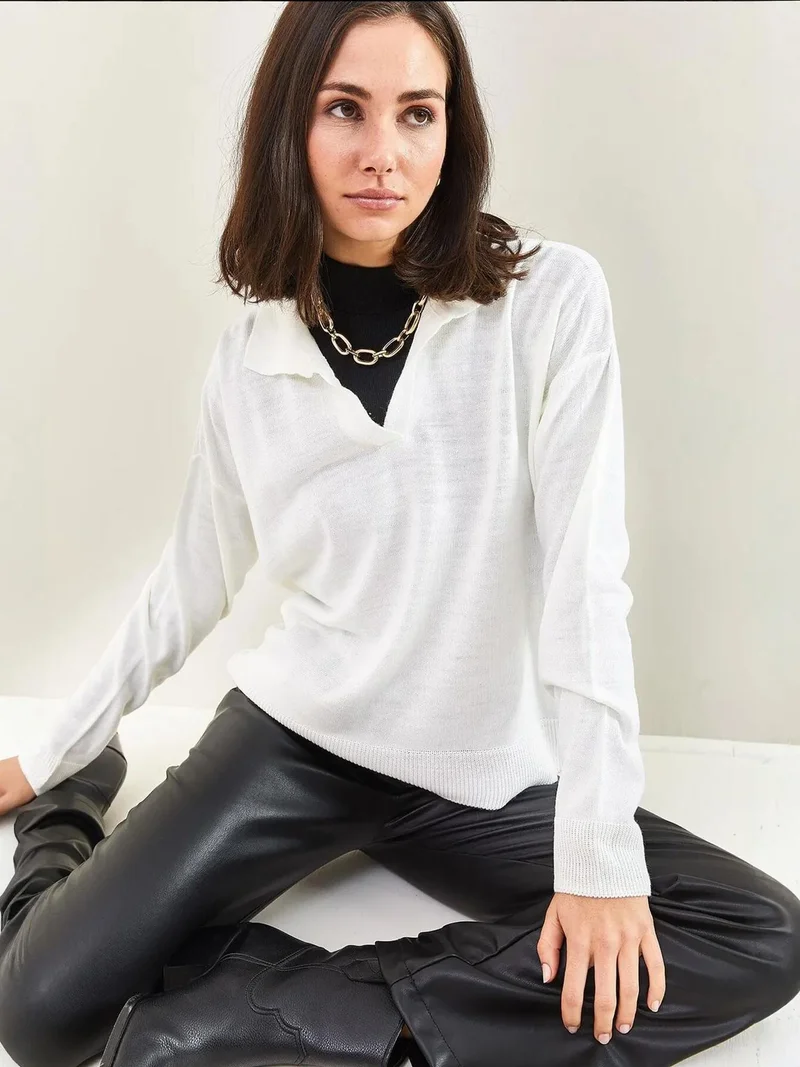 Bianco Lucci LUCCI Regular Fit Polo Collar Knit Blouse