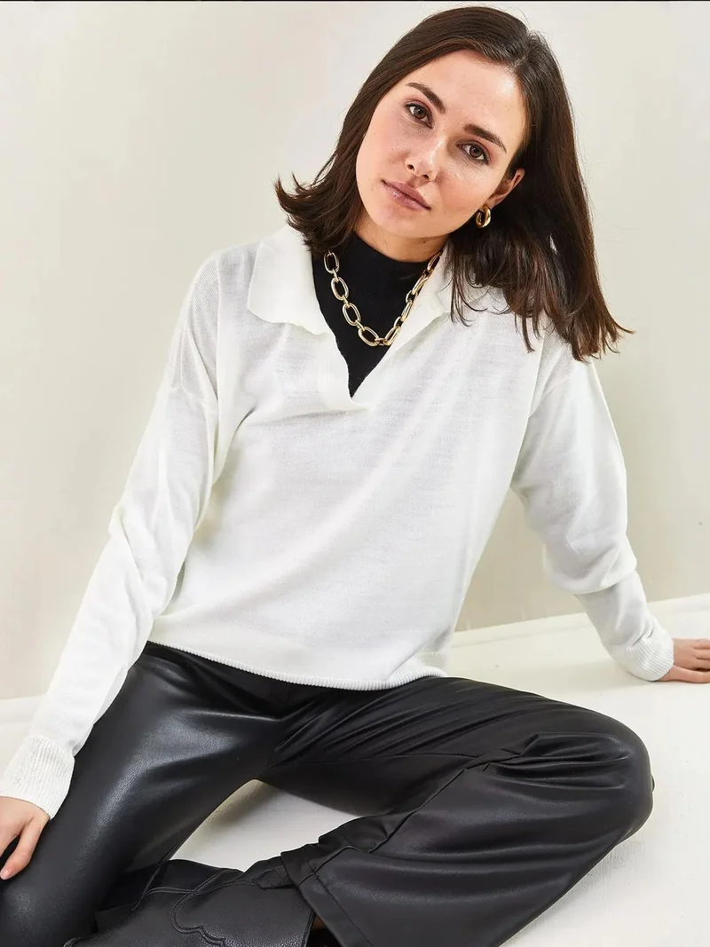 Bianco Lucci LUCCI Regular Fit Polo Collar Knit Blouse