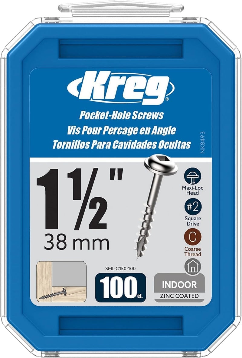 Kreg SML-C150-100 Pocket Hole Screws, 1-1/2 Inch, Coarse Thread, Zinc Coated, 100 Count - Image 1