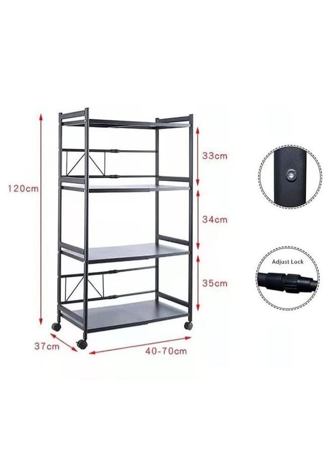 Heavy Duty 4-Tier Expandable Microwave Oven Rack with Wheels | Adjustable Width (40-70cm) Kitchen Counter Storage Shelf | Carbon Steel Toaster Oven Stand, Rice Cooker Organizer | Black - Image 2