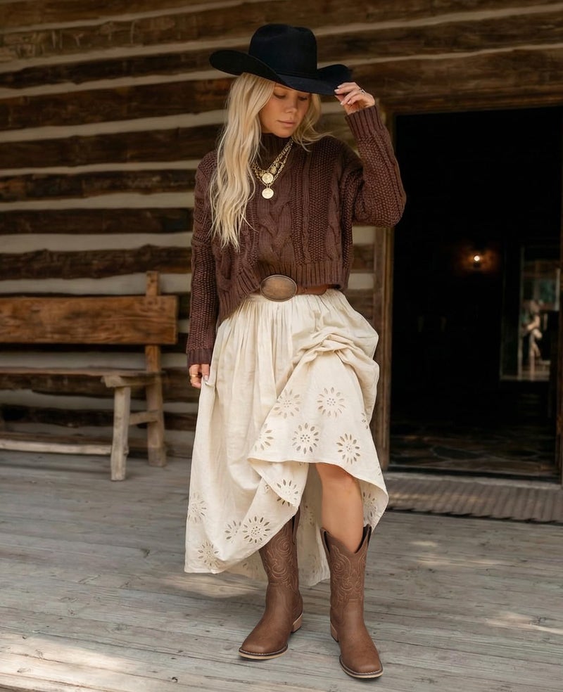 Pasuot Western Cowboy Boots for Women - Brown Square Toe Mid Calf Cowgirl Boots, Low Chunky Heel Country Boot with Classic Retro Embroidery Pull On for Ladies Rodeo Festival Concert US 8 - Image 2
