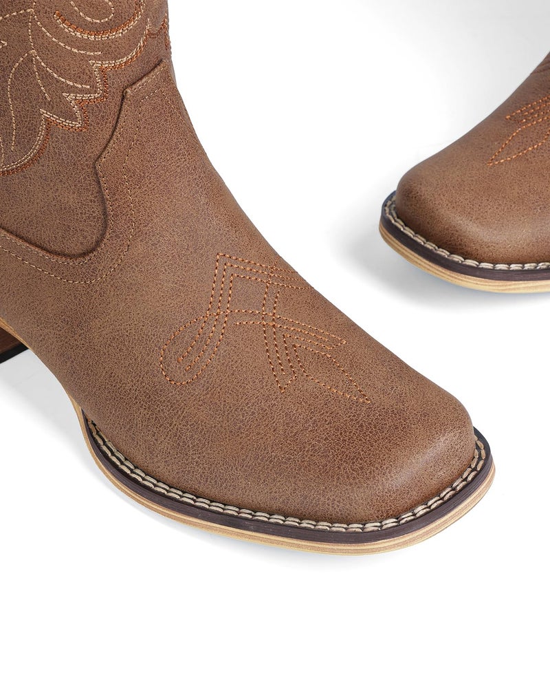 Pasuot Western Cowboy Boots for Women - Brown Square Toe Mid Calf Cowgirl Boots, Low Chunky Heel Country Boot with Classic Retro Embroidery Pull On for Ladies Rodeo Festival Concert US 8 - Image 5