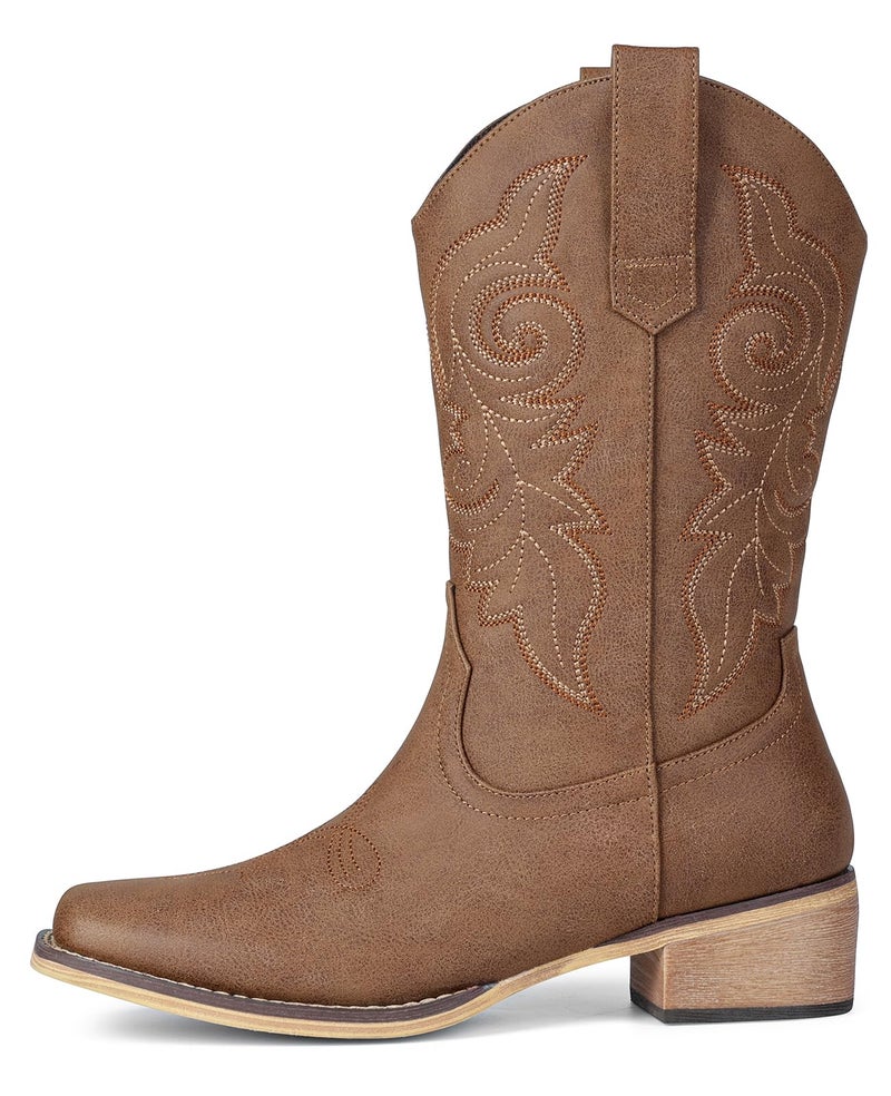 Pasuot Western Cowboy Boots for Women - Brown Square Toe Mid Calf Cowgirl Boots, Low Chunky Heel Country Boot with Classic Retro Embroidery Pull On for Ladies Rodeo Festival Concert US 8 - Image 4
