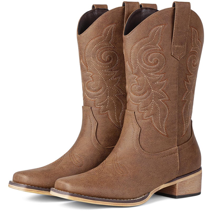 Pasuot Western Cowboy Boots for Women - Brown Square Toe Mid Calf Cowgirl Boots, Low Chunky Heel Country Boot with Classic Retro Embroidery Pull On for Ladies Rodeo Festival Concert US 8 - Image 1