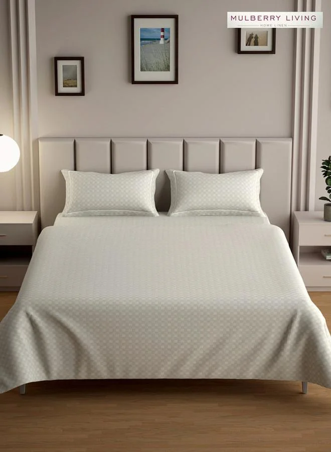 Mulberry Living 100% Cotton King Flat Bedsheet With 2 Pillow Covers - 300Tc Urban Grid - Ivory