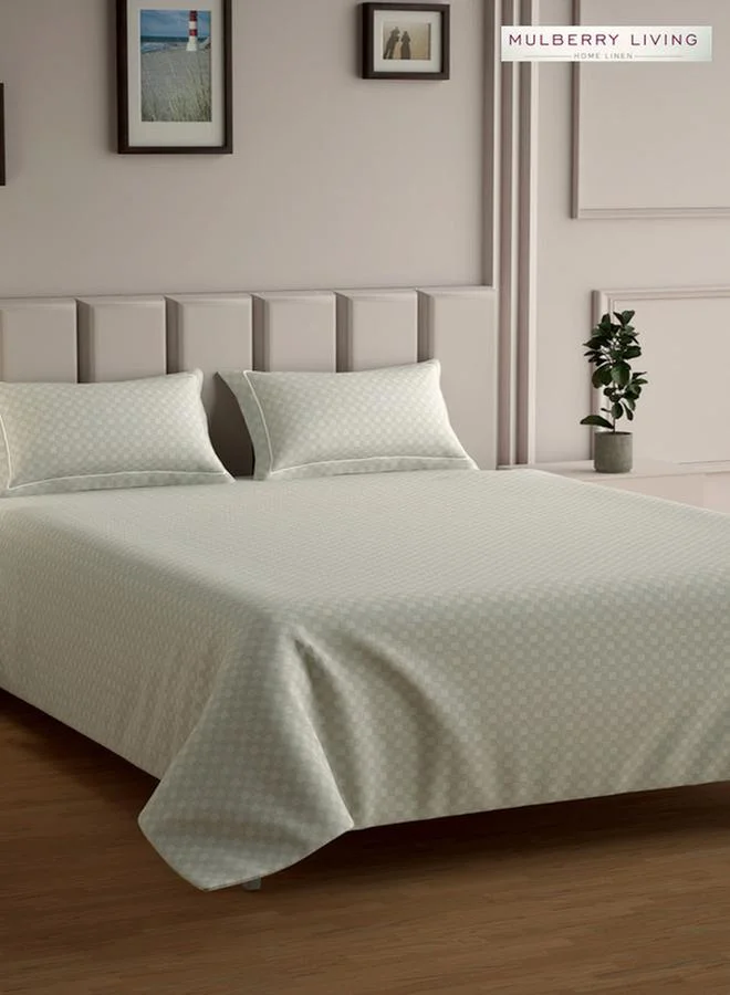 Mulberry Living 100% Cotton King Flat Bedsheet With 2 Pillow Covers - 300Tc Urban Grid - Ivory
