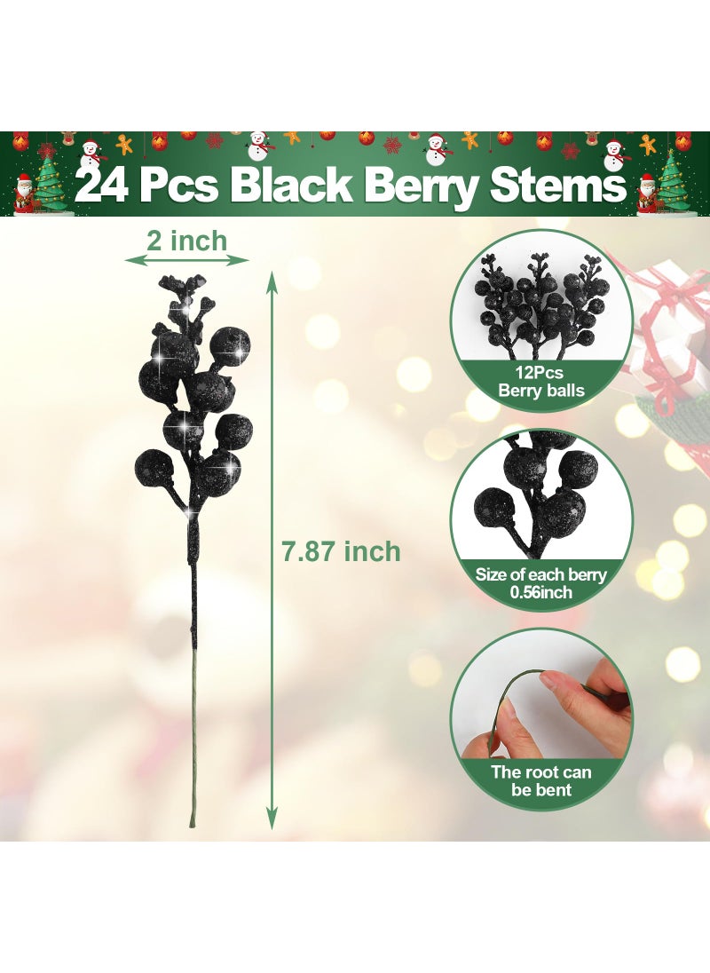 CCINEE CCINEE 24 Pcs Christmas Black Berry Stems 7.8Inch Xmas Artificial Glitter Berry Branches for Christmas Tree Ornaments DIY Xmas Wreath Crafts Home and Holiday Decor  - Image 2