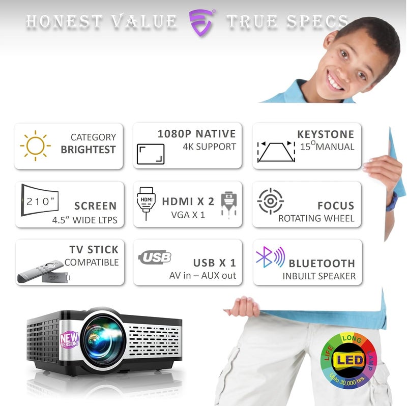 E GATE i9 Pro-Max 4X Brighter Bluetooth Projector 4k Ultra HD,400 ISO Lumens & 840fc Mega Brightness, Full HD 1080p Native, 210" (534 cm) Screen | AV, VGA, HDMI, SD Card, USB, AUX, inbuilt Speaker - Image 3