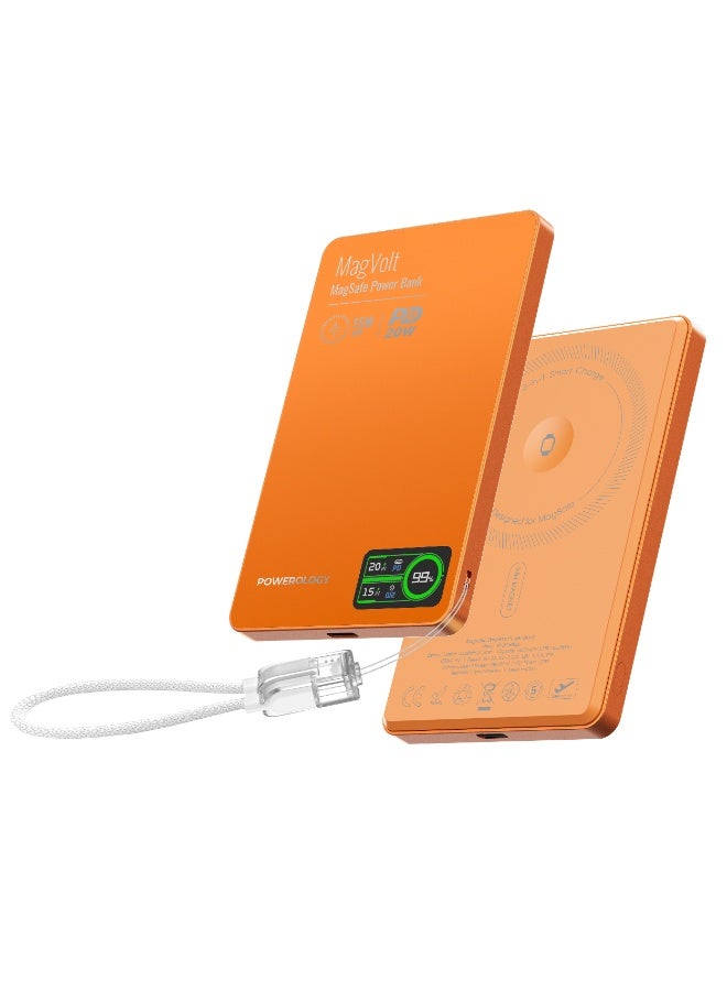 Powerology MagVolt Magnetic Power Bank 5000mAh Battery with Smart LED Display and Qi2 Wireless Charging, Ultra-Slim Power Bank PD 20W, Fast Charging Power Bank, Effortless Charging for Phone, Watch & Earbuds - Orange