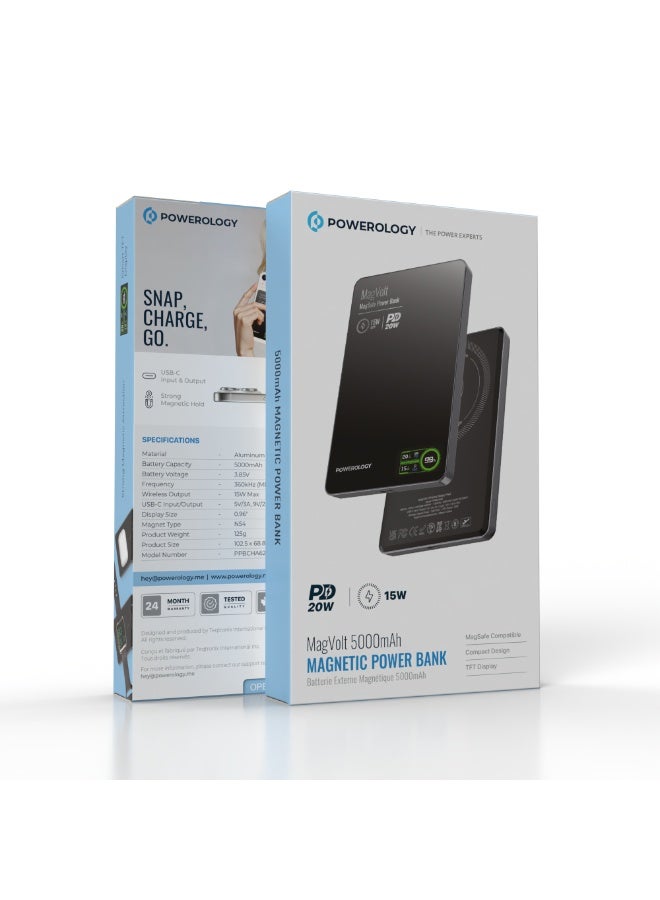 باورولوجي بنك طاقة مغناطيسي MagVolt بسعة 5000 ملّي أمبير/ساعة مع شاشة LED ذكية وشحن لاسلكي Qi2، بنك طاقة فائق النحافة PD 20W، شحن سريع، شحن سهل للهاتف، الساعة وسماعات الأذن – برتقالي - Image 2