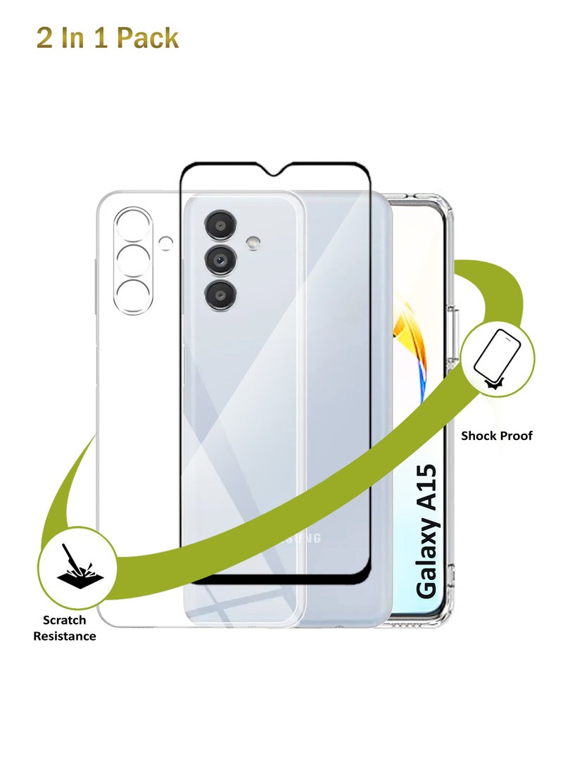 2in1 Pack  Soft Flexible Transparent Silicone Protective Back Case Cover for Samsung Galaxy A15 and Tempered Glass Screen Protector - Image 1