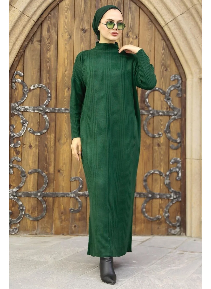 Neva Style Turtleneck Emerald Green Hijab Knitwear Dress 34150ZY