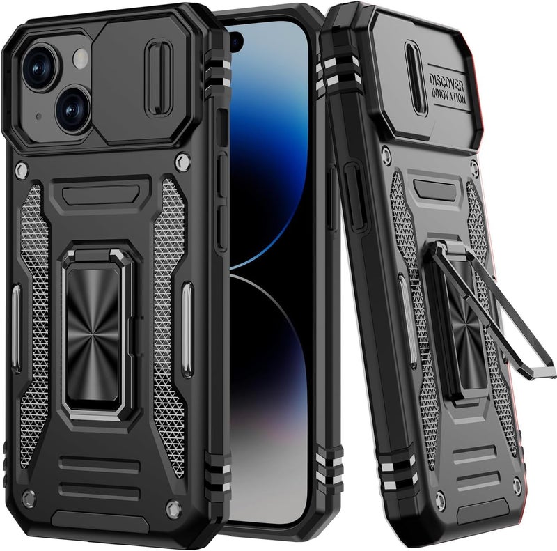 ShieldTech Polycarbonate Back Cover Case Compatible for Apple iPhone 15 Plus with Slide Camera Cover & Rotated Ring Kickstand | Military Grade Mobile Phone Cover Case for Apple iPhone 15 Plus (Black) - Image 1