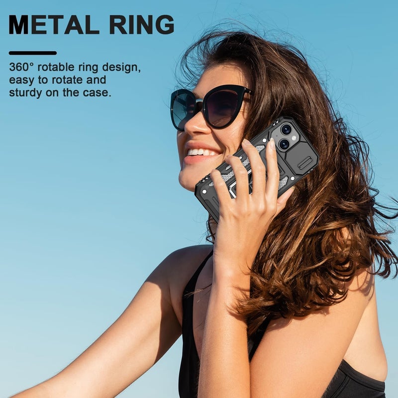 ShieldTech Polycarbonate Back Cover Case Compatible for Apple iPhone 15 Plus with Slide Camera Cover & Rotated Ring Kickstand | Military Grade Mobile Phone Cover Case for Apple iPhone 15 Plus (Black) - Image 5