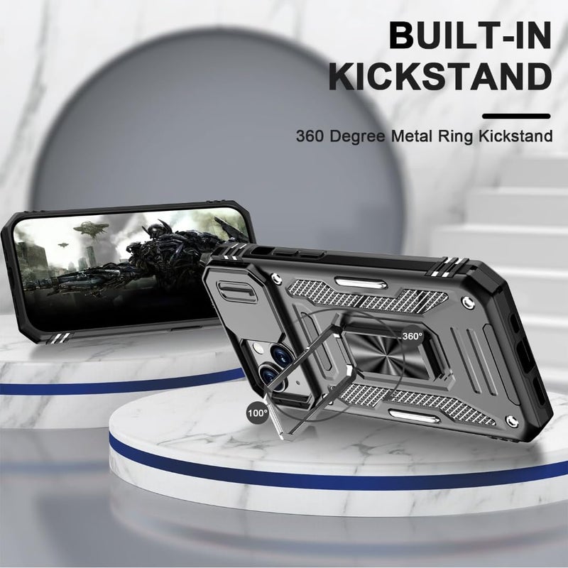 ShieldTech Polycarbonate Back Cover Case Compatible for Apple iPhone 15 Plus with Slide Camera Cover & Rotated Ring Kickstand | Military Grade Mobile Phone Cover Case for Apple iPhone 15 Plus (Black) - Image 3