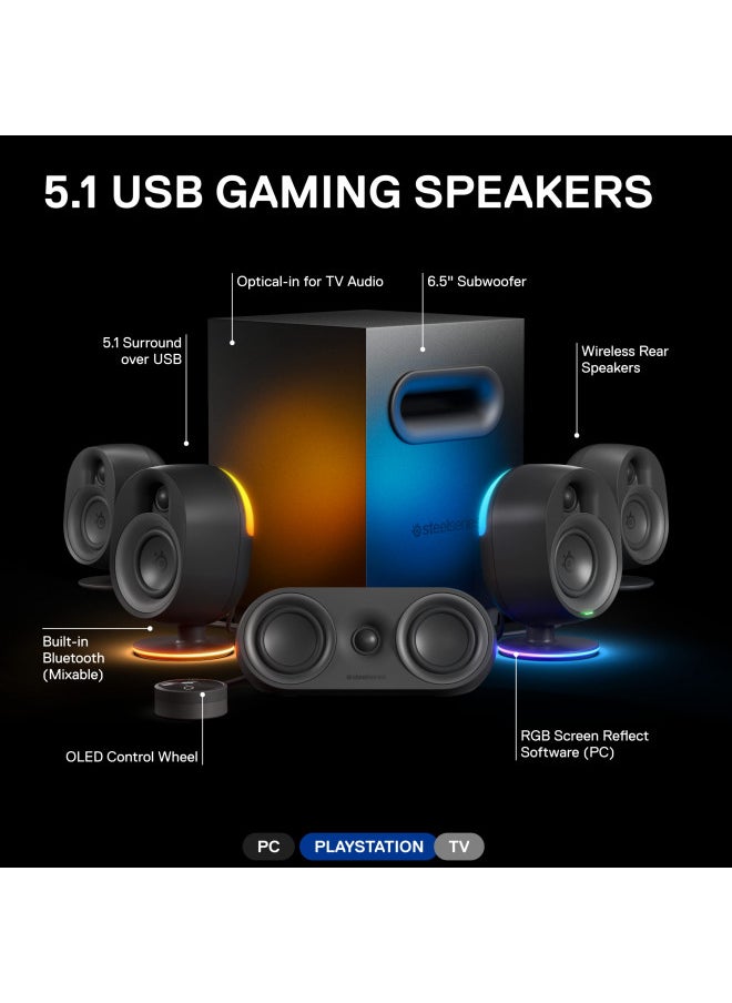 steelseries - SteelSeries Arena 9 Illuminated 5.1 Desktop Gaming Speakers 5.1 USB Surround Sound Wireless Rear Speakers 2-Way Speaker Design Subwoofer RGB Light, Bluetooth PC, PlayStation, Mobile, Mac - Image 1