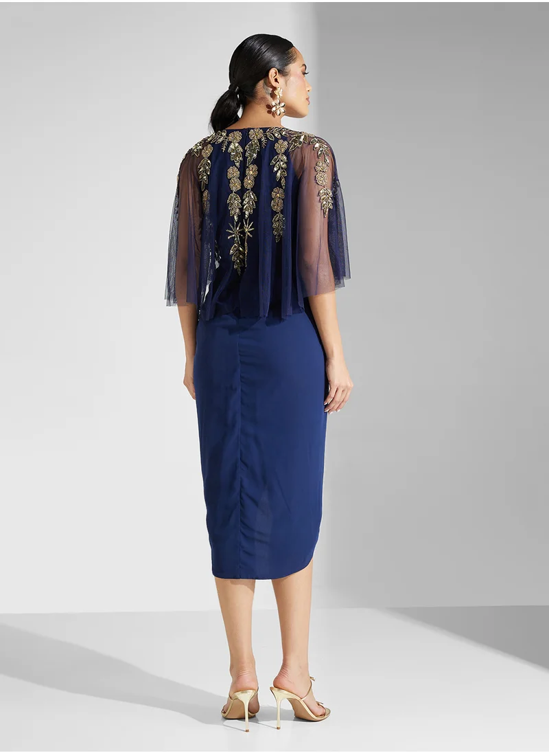 Virgos Lounge Flared Sleeve Drap V-Neck Embellished  Tiered Dress