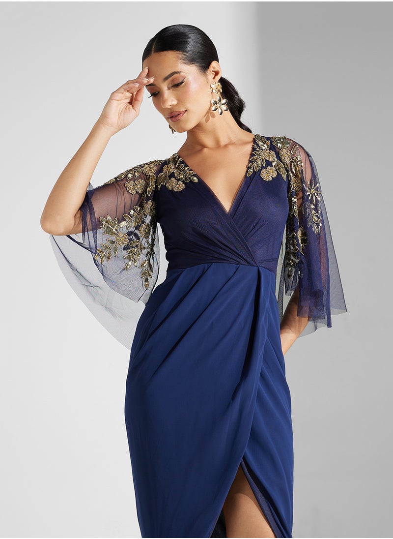Virgos Lounge Flared Sleeve Drap V-Neck Embellished  Tiered Dress  - Image 3