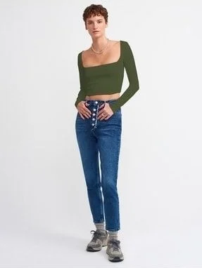 ديلفين 3700 Ribbed Long Sleeve Top- Dark Khaki