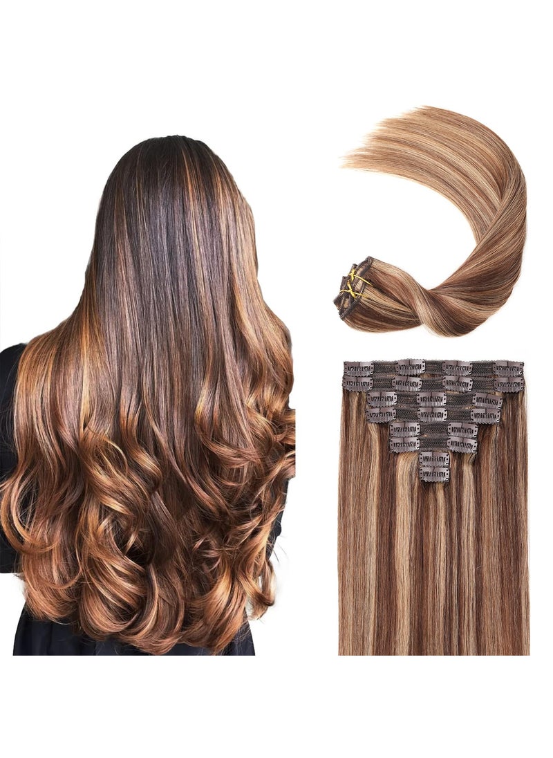 JIAMEISI - Human Hair Clip in Extensions120g 8pcs Lace Clip in Human Hair Extensions Straight 427 Strawberry Blonde to Medium Brown 16inch Balayage Hair Clip in Hair Extensions - Image 1