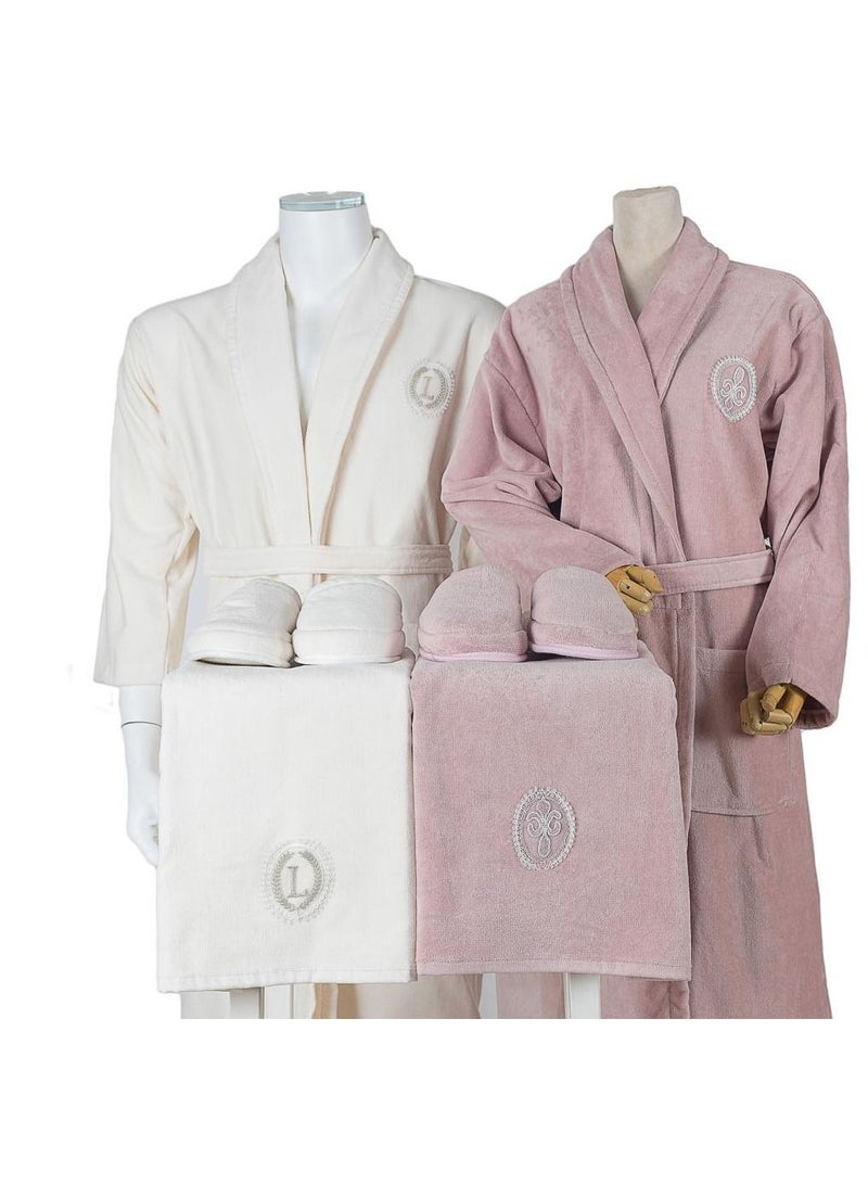 منزل لمى منسوجات طقم روب حمام وردي وكريمي كبلز - Image 1