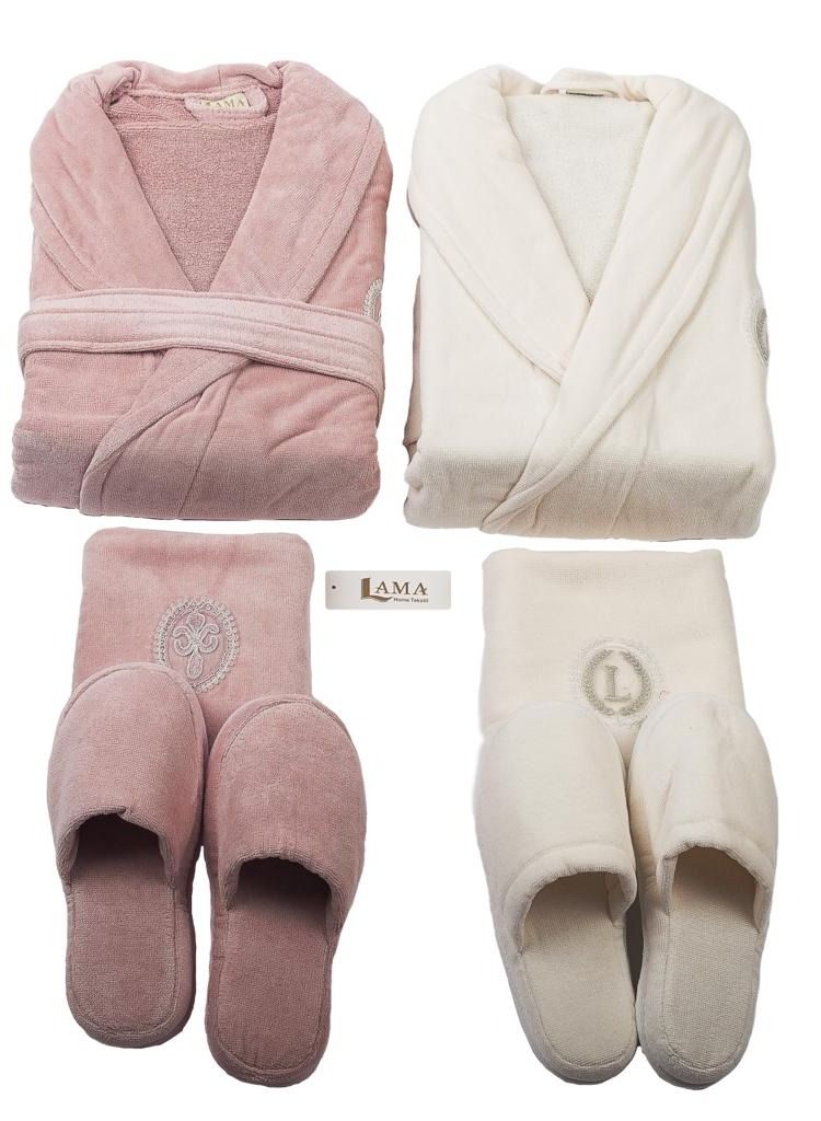 منزل لمى منسوجات طقم روب حمام وردي وكريمي كبلز - Image 2