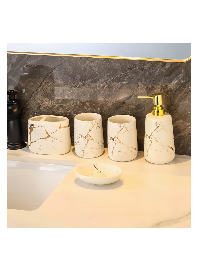 JiFENG 5pcs Bathroom Accessories Set,Ceramic Bathroom Soap Dispenser,Soap Dish,Toothbrush Holder and Two Toothbrush Cups for Modern Bathroom Countertop Sink  Decoration Gold  Border Stripes(Whit) - Image 1