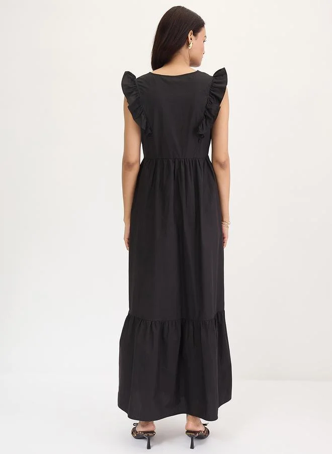 Femmella Femmella Black Poplin Ruffled Sleeves Maxi Dress