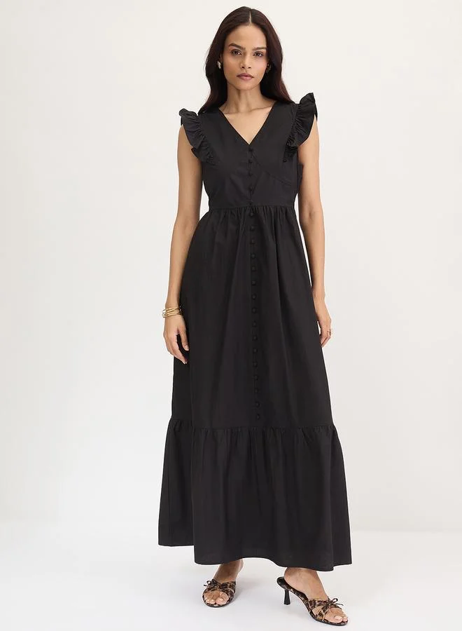 Femmella Femmella Black Poplin Ruffled Sleeves Maxi Dress