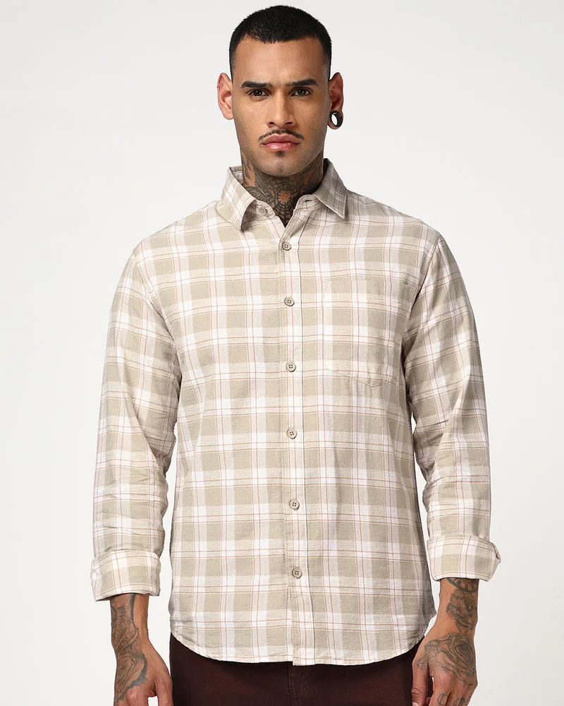 Men's Beige Checked Cotton Linen Shirt