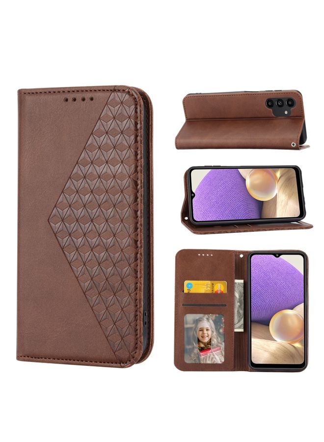 BGM Case Cover For Samsung Galaxy A32 5G Cubic Grid Calf Texture Magnetic Closure Leather Phone Case Brown