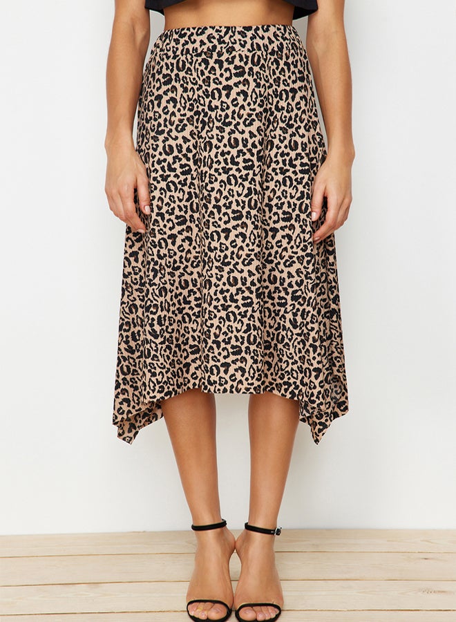 trendyol Brown Leopard Pattern Flounce Asymmetric Midi Flexible Knitted Skirt  - Image 4