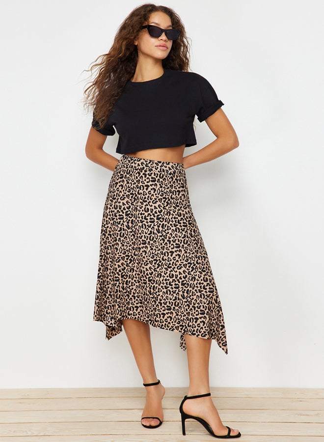 trendyol Brown Leopard Pattern Flounce Asymmetric Midi Flexible Knitted Skirt  - Image 1