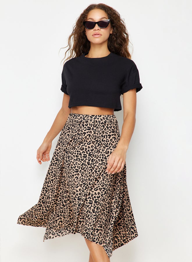 trendyol Brown Leopard Pattern Flounce Asymmetric Midi Flexible Knitted Skirt  - Image 2