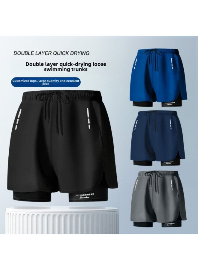 Generic Swimming Trunks Men's Anti-embarrassment Quick-drying Plus Size Boxer Swimming Trunks Professional Swimming Suit Equipment Double Layer-Color:Black-Size:L [recommended 45-55kg ]  - Image 2